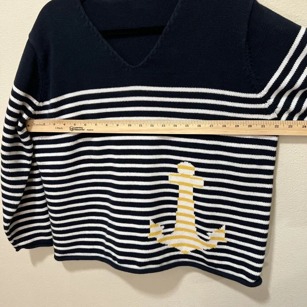 Women’s Nautical Sweater Stripes Anchor Old Money Sailing Beach - Picture 5 of 6